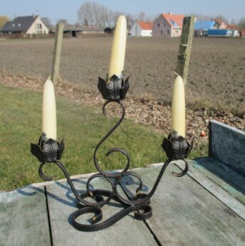Vintage Wrought Iron Three Arm Candle Holder Flower Design