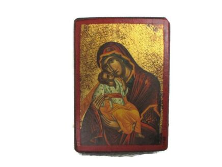 Small Religious Icon Virgin Mary Infant Child Magnificat Print on Wood copy Byzantine Icon