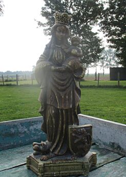 Vintage Virgin Mary Madonna with Child Plaster Brown Statuette Lion Dog Merlini