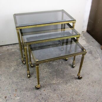 Vintage Nesting Coffee Side Tables Brass Glass Bar Cart Wheels era Maison Bagues