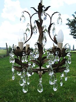 Italian Tole Crystal Hollywood Regency Florentine Floral Leaves Chandelier Vintage