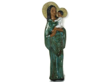 Mid Century Design Ceramic Holy Virgin Infant Jesus Ceramic Marked era Amphora Modernist Wall Hanging