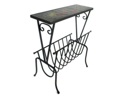 Vintage Mid Century Modern Magazine Newspaper Basket Rack Side Table Ceramic Tiles  Fat Lava  Wrought Iron retro Funky