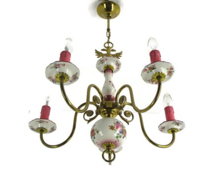 Chandelier 5 Arm Lights Brass Porcelain Flowers Italian Italy Fixture Eagle