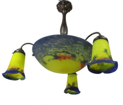 Art Nouveau Deco Jean Noverdy Signed French Pate de Verre Chandelier Polychrome