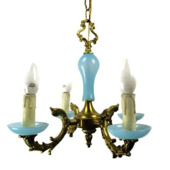 Opaline Baby Blue Brass Chandelier Romantic 4 Arm Light Hollywood Regency