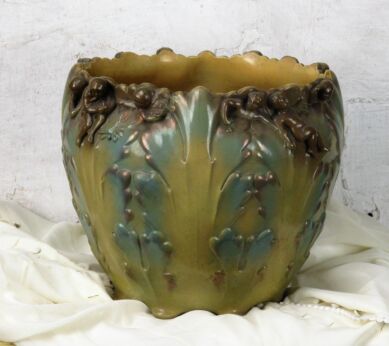 Antique Large Planter Sarreguemines Marked French Pottery Faience Putti Angels