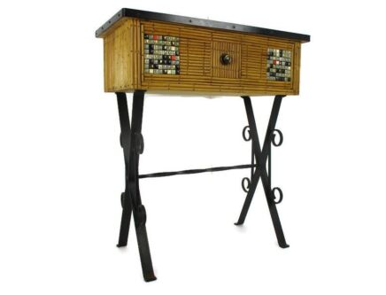 Rattan Wicker Bamboo Cabinet Tiki Boho cottage Style Vintage Rare Beautiful with Ceramic Mosaic tiles