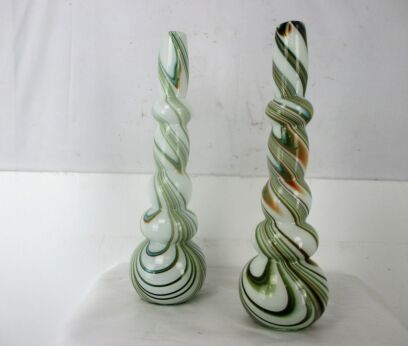 Pair Funky Cased Studio Art Glass Vases Abstract Waves Large Hooped Gorgeous  