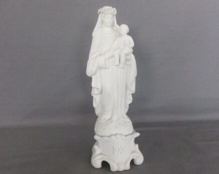 Antique Bisque Porcelain Statue Virgin Our Lady Mary Madonna with Infant Jesus Flower Wreath Garland 8.26"