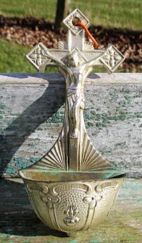 Vintage French art Brass Holy Water Font Crucifix Wall Hanging