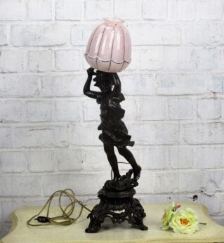 Bronze Brass Angel Putti Table Desk Lamp Art Nouveau Pink Shade Signed