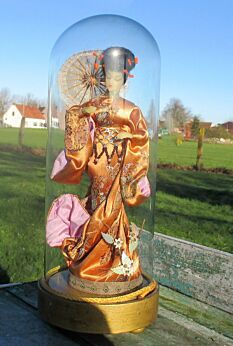 Vintage Round Globe Dome Wax Geisha Asian Figurine Doll Statue 14.65" Very Rare
