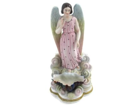 L French Holy Water Font Angel Hand Painted Bisque Porcelain Collector HTF 8.54"