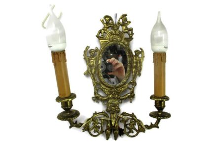 Hollywood Regency Ornate Brass Two-Arm Double Wall Sconce Light Lamp Mirror Putti Angels