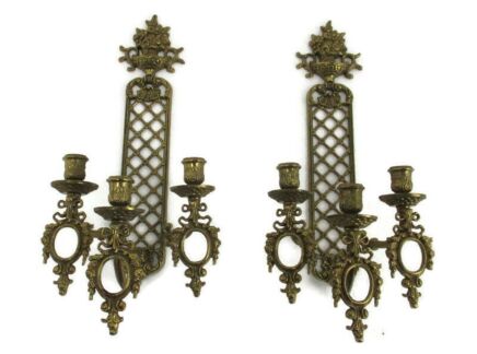 Couple Pair French Brass Wall Sconces Candelabras Victorian style  3 arms
