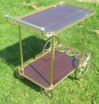 Vintage Bar Cart Mid Century Italian Hollywood Regency Gold Chrome Brown