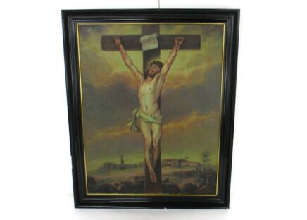 Painting Oil on Wood Framed Jesus Christ Savior Crucifixion  Signed Keukelaere Painting School E. Vermeulen