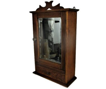 Mid Century Kitchen Apothecary Medicine Bathroom Wall Cabinet Oak Beveled Glass Mirror
