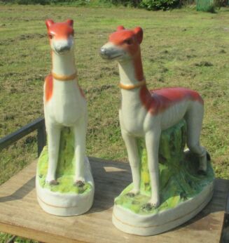 Antique Pair Old Staffordshire Ware England Whippet Dogs Greyhound 19th Century