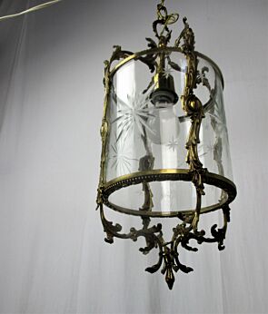 Vintage Lantern Ornate Brass Etched Glass Chandelier Pendant French Round Glass