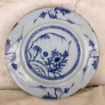 Antique 19th Century Large Delft Wall hanging Charger Plate Blue White Flower