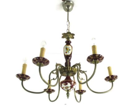 Chandelier 6 Arms Lights Ceramic Porcelain Ceramic Brass Italian Style Flowers