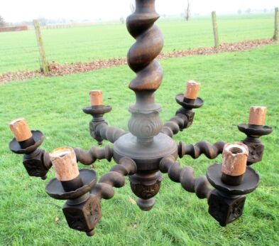 Antique Barley Twist Wooden Chandelier carved Wood 6 arm lamp