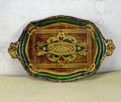 Small Italian Mid Century Hollywood Regency Florentine Serving Tray Green 14.17"