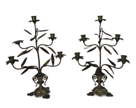 Couple Candle Holders Brass Lilies Religious Church Candelabra 5 arm HTF