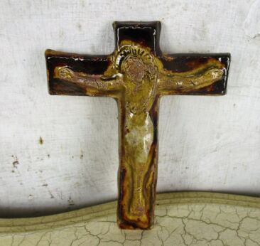 Small Mid Century Modern Ceramic Modernist Crucifix amber Era Amphora Perignem