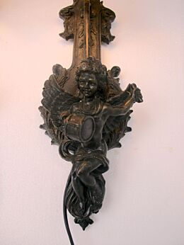 Pair Gorgeous Wall Sconces Putti Cherub Angels Rococo Resin Glass Shades HTF