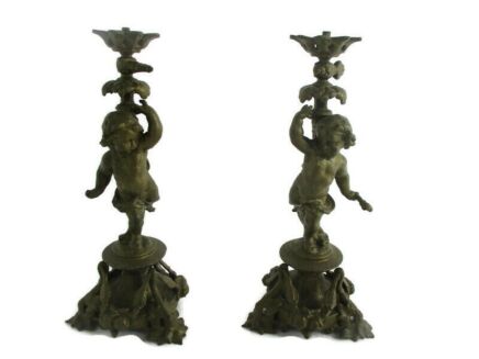 Vintage Couple Candle Holders lamps  Ornate Sitting Angels Cherubs Putti Brass Very Impressive Stylish WOW