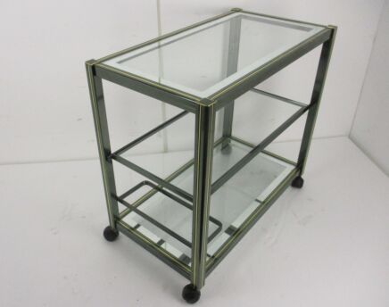 Vintage Design Coffee Table Kitchen Island Three Tier Brass Beveled Glass Glam