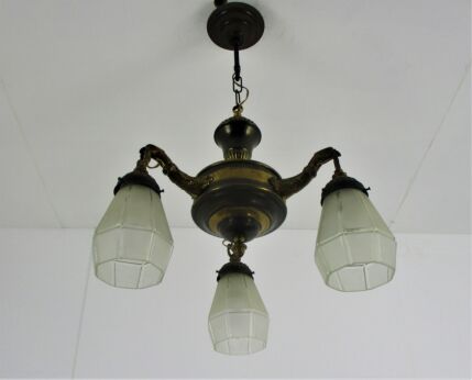 Gothic Brass Dragon Heads 3 Arms Lights Chandelier Lamp Art Deco Glass Shades