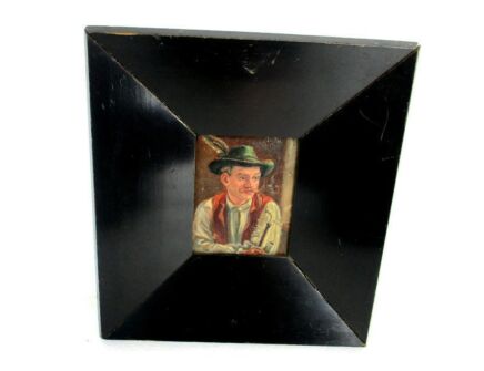 Miniature Oil Painting on Wood Framed Swiss man smoking Pipe Signed Roth Lovely