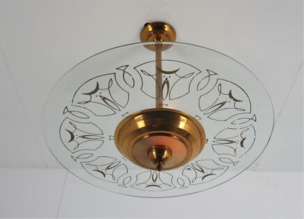 French Art Deco lounge Chandelier Pendant Art Glass Red Copper Fixture Antique