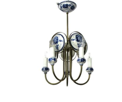 Delft Blue White Porcelain Brass Chandelier Dutch 5 Arm Lights HTF Medallions