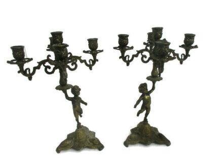 Pair Couple Vintage Spelter Brass look Ornate 5 Arm Candle Holder Candelabra Putti Gorgeous