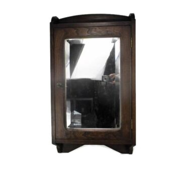 Vintage Wooden Kitchen Apothecary Wall Cabinet Mirror Beveled Glass Mid Century