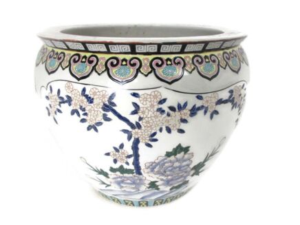 XL Vintage Chinese Porcelain Enamel Famille Rose Koi Fish Bowl Planter Vase  Cachepot Flowers Tree Enamel  Stunning