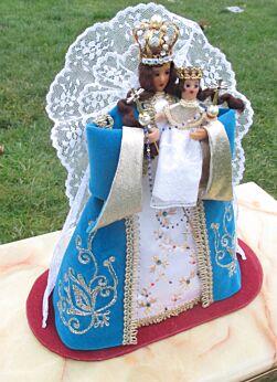 Vintage Madonna Virgin Mary Baby Jesus Wax Light Blue Cape Velvet Crown