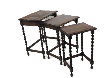 3 Vintage Barley Twist Nesting Side Stacking Tables Hand Carved Wood Barn Country Farmhouse Style