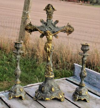 Antique Altar Set Crucifix Candle stick holders Ornate Church Brass Gorgeous WOW