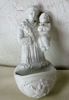 Antique Holy Water Font Porcelain Bisque Wall Hanging Vessel HTF Saint Anthony