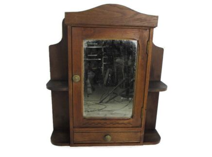 Vintage Wood Inlay Kitchen Apothecary Medicine Cabinet Beveled glass mirror