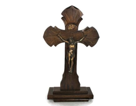 Standing Crucifix Cross Corpus Christi Hand Carved Wood Copper Corpus Art Deco