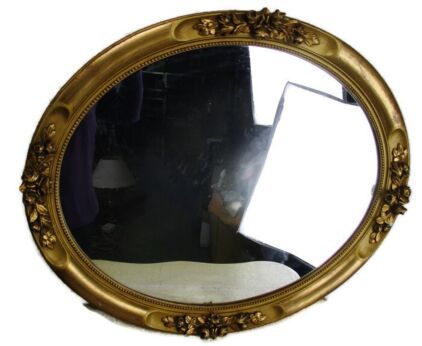Wall Hanging Oval Mirror Ornate Flowers Plaster Wood Hollywood Regency Vanity
