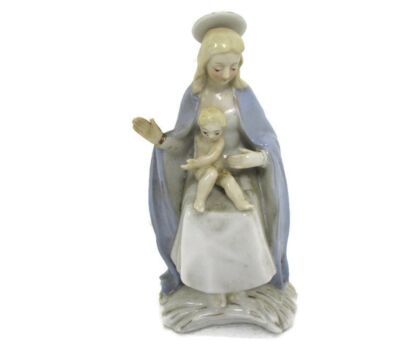 Porcelain Statue Virgin Mary Sitting Madonna Our Lady Infant Child Jesus on Lap Blue Glazed 6.29"