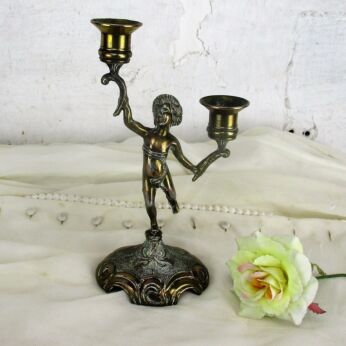 Vintage Embossed Brass Ornate Double Candle Holder Candelabra Putti Cherub